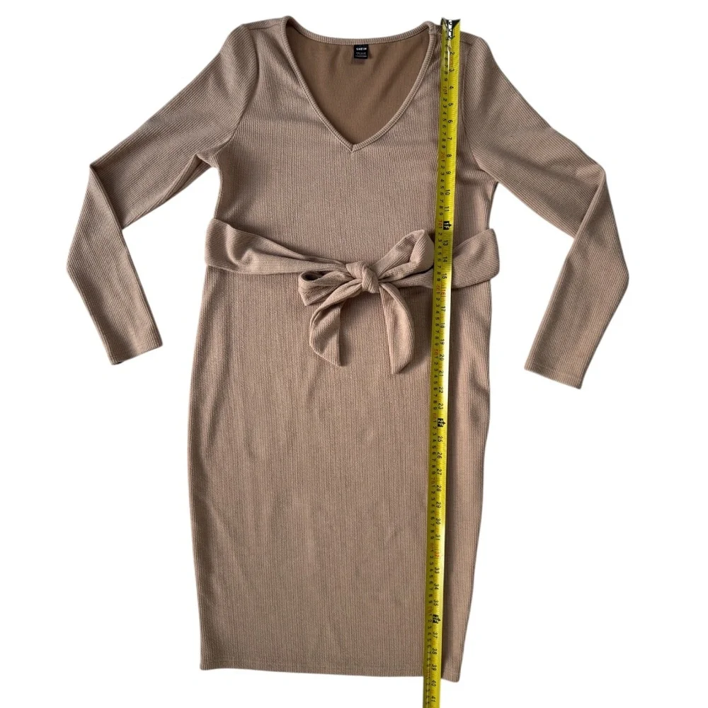 SHEIN Maternity Sweater Rib-Knit V Neck Belted Bodycon Dress Stretch Apricot L - Picture 7 of 12